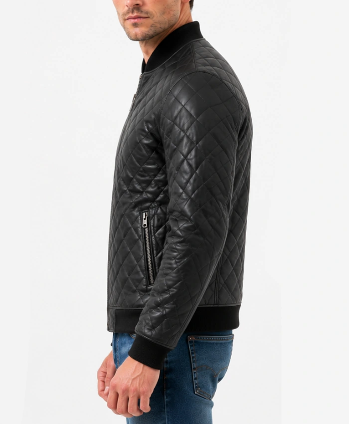 Mens Black Bomber Quilted Leather Jacket
