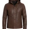 Mens Brown Hooded Leather Jacket