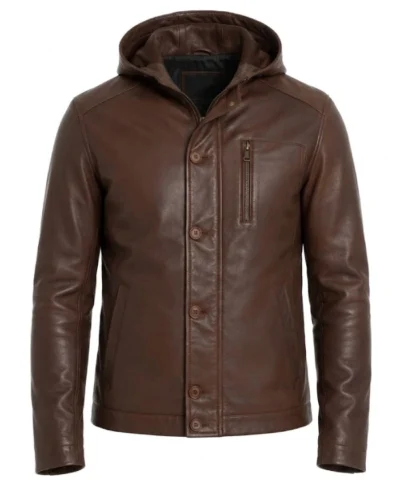 Mens Brown Hooded Leather Jacket