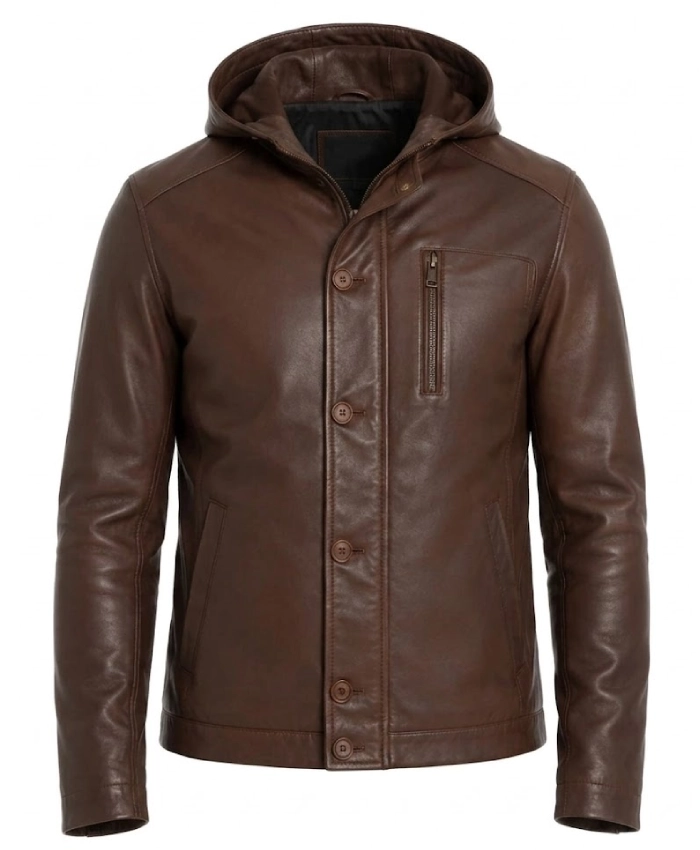 Mens Brown Hooded Leather Jacket