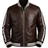 Mens Brown Leather Varsity with Striped Ribbed Collar and Sleeves Jacket