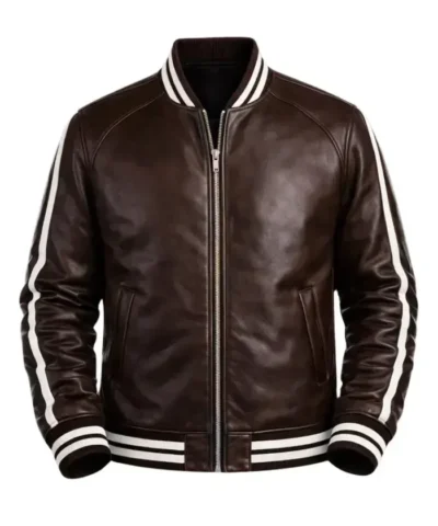 Mens Brown Leather Varsity with Striped Ribbed Collar and Sleeves Jacket