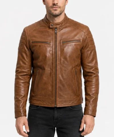 Brown Tan Cafe Racer Leather Jacket for Mens