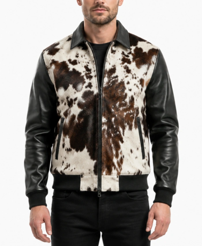 Mens Cowhide and Genuine Black Leather Jacket