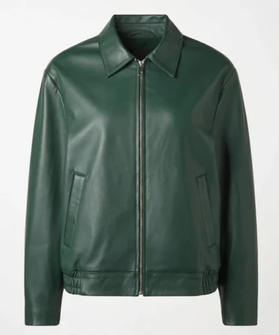 Mens Dark Green Leather Bomber Jacket