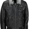 Mens Detachable Fur Collar Biker Real Lambskin Black Leather Jacket