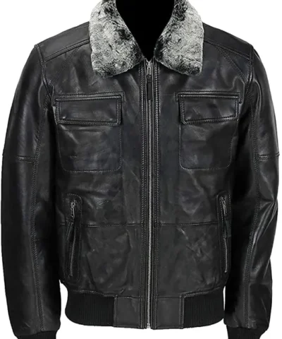 Mens Detachable Fur Collar Biker Real Lambskin Black Leather Jacket