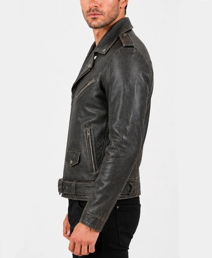 Buy Mens Distressed Black Belted Motorcycle Jacket