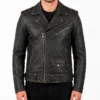 Distressed Black Belted Motorcycle Jacket for Mens