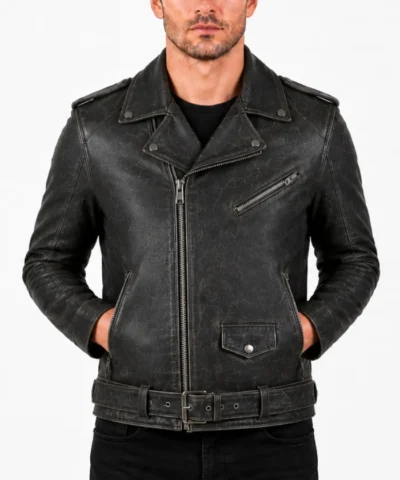 Distressed Black Belted Motorcycle Jacket for Men