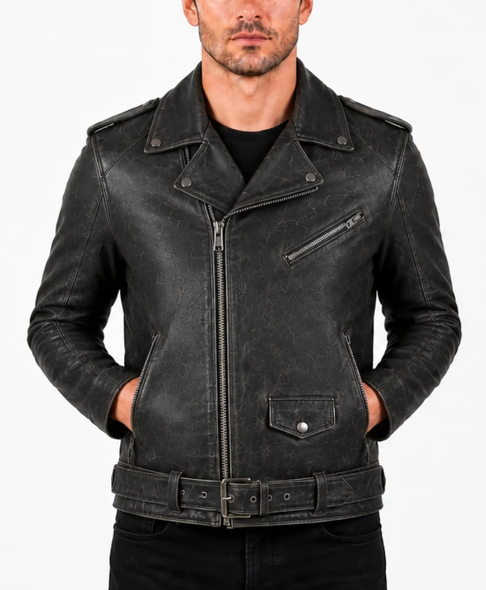 Distressed Black Belted Motorcycle Jacket for Men