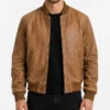 Mens Tan Distressed Bomber Leather Jacket