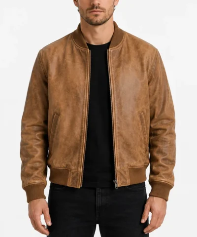 Mens Tan Distressed Bomber Leather Jacket