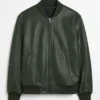 Mens Full Zip Green Leather Bomber Jacket