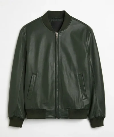 Mens Full Zip Green Leather Bomber Jacket