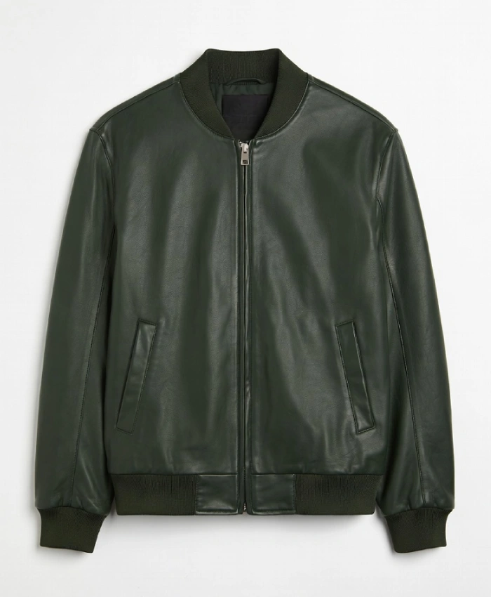 Mens Full Zip Green Leather Bomber Jacket