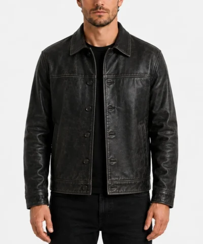 Mens Gatsby Distressed Leather Jacket in Black