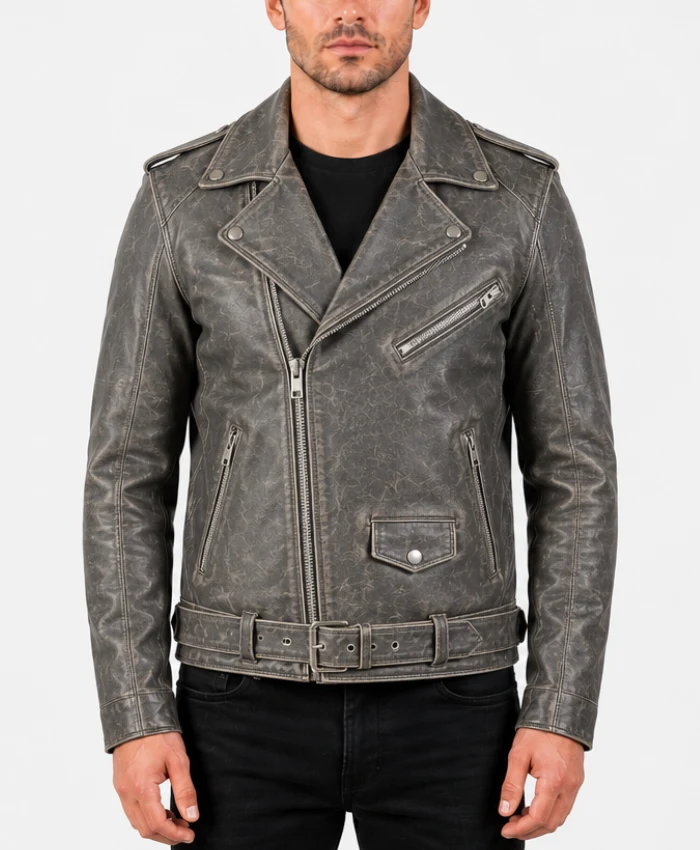 Mens Grey Biker Distressed Leather jacket - Image 3