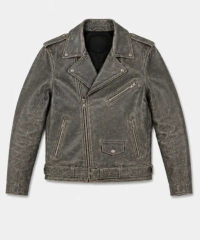 Mens Grey Biker Leather Distressed jacket