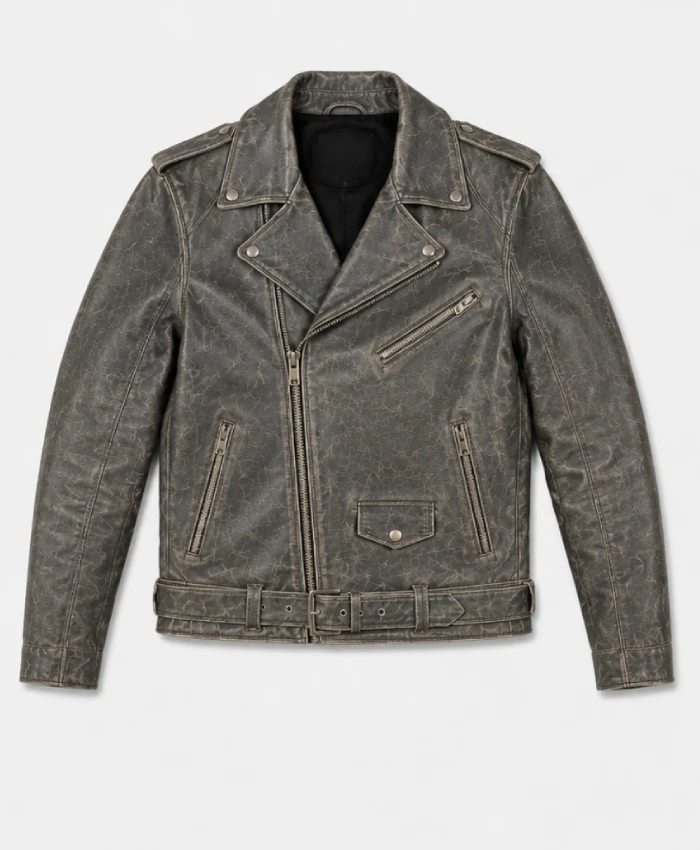 Mens Grey Biker Leather Distressed jacket