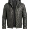 Mens Grey Hooded Bomber Style Leather Jacket