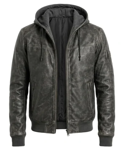 Mens Grey Hooded Bomber Style Leather Jacket