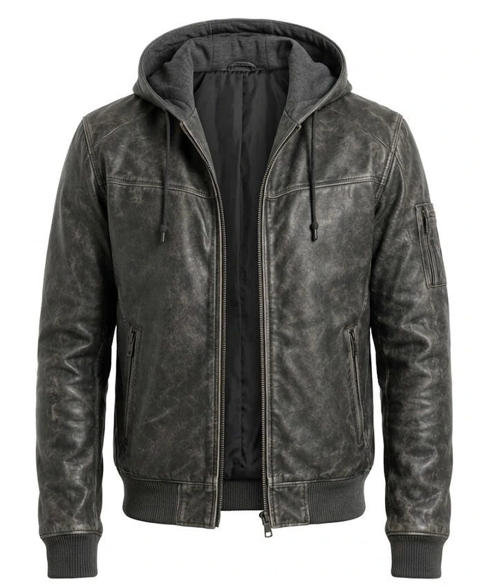 Mens Grey Hooded Bomber Style Leather Jacket