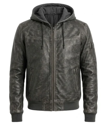 Mens Hooded Bomber Style Leather Jacket