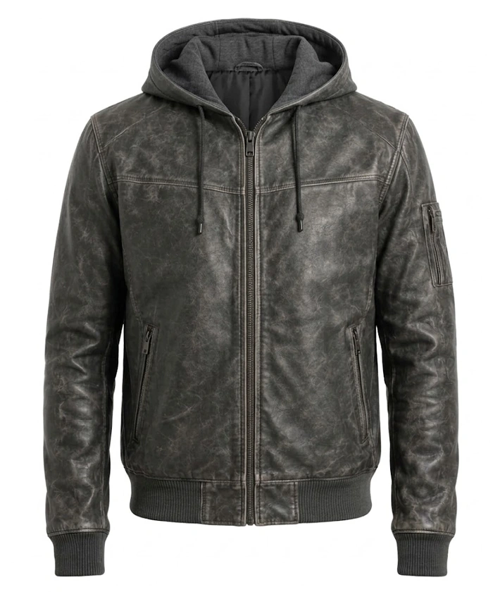 Mens Hooded Bomber Style Leather Jacket