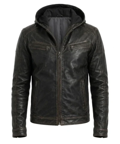 Mens Hooded Distressed Black Jacket