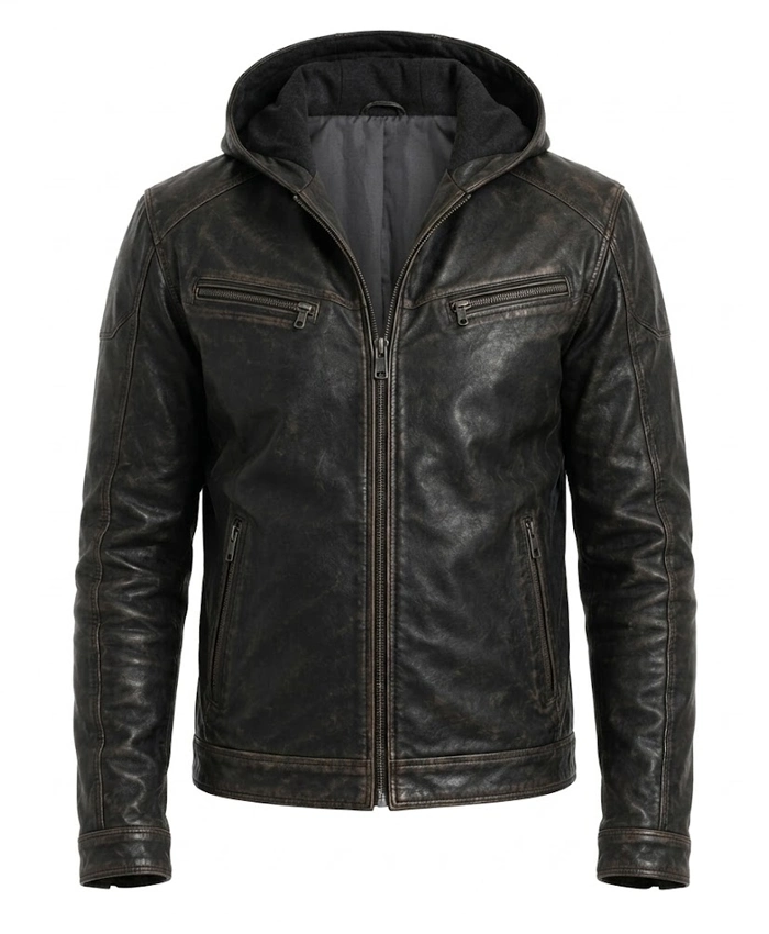 Mens Hooded Distressed Black Jacket