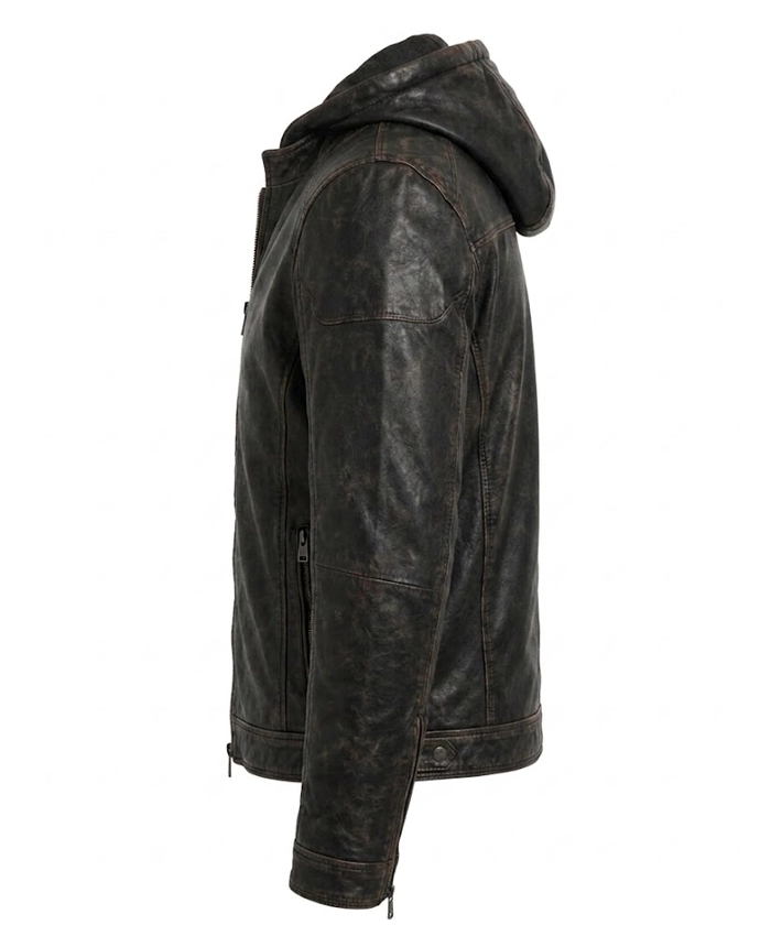 Mens Hooded Distressed Black Leather Jacket