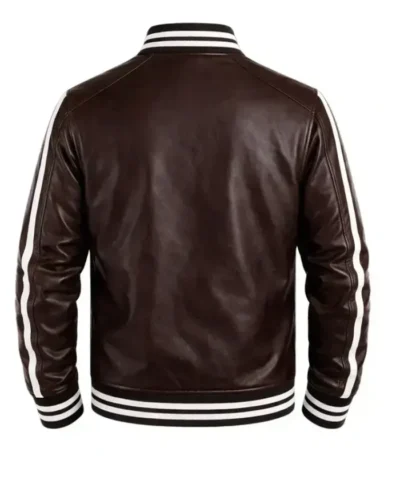 Mens Leather Varsity with Striped Ribbed Collar and Sleeves Jacket