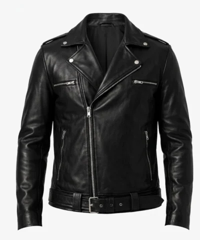 Mens Negan Black Asymmetrical Belted Biker Leather Jacket
