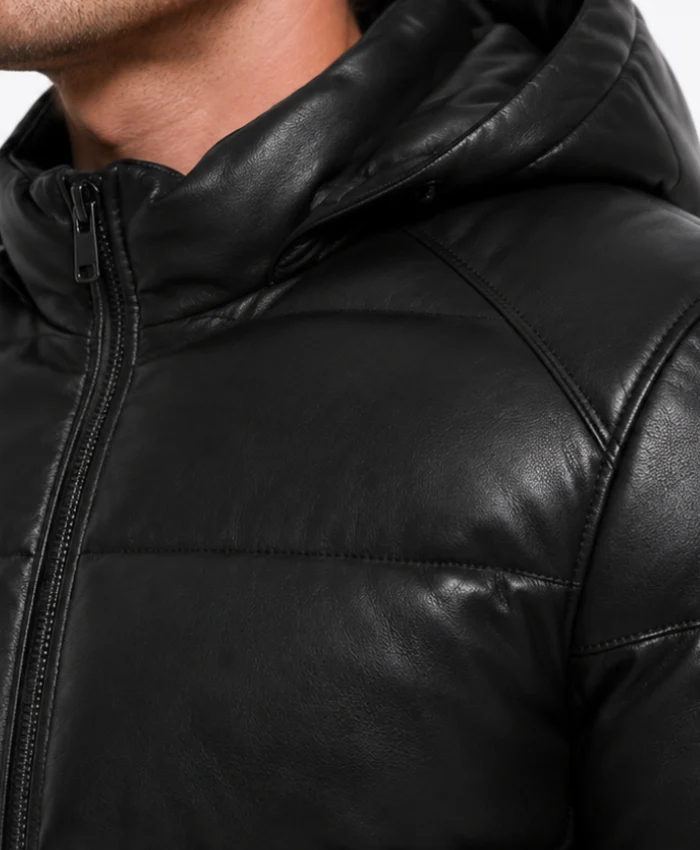 Mens Puffer Black Leather Jacket