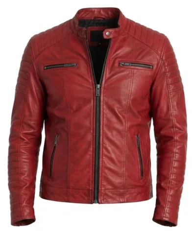 Mens Red Quilted Biker Leather Jacket