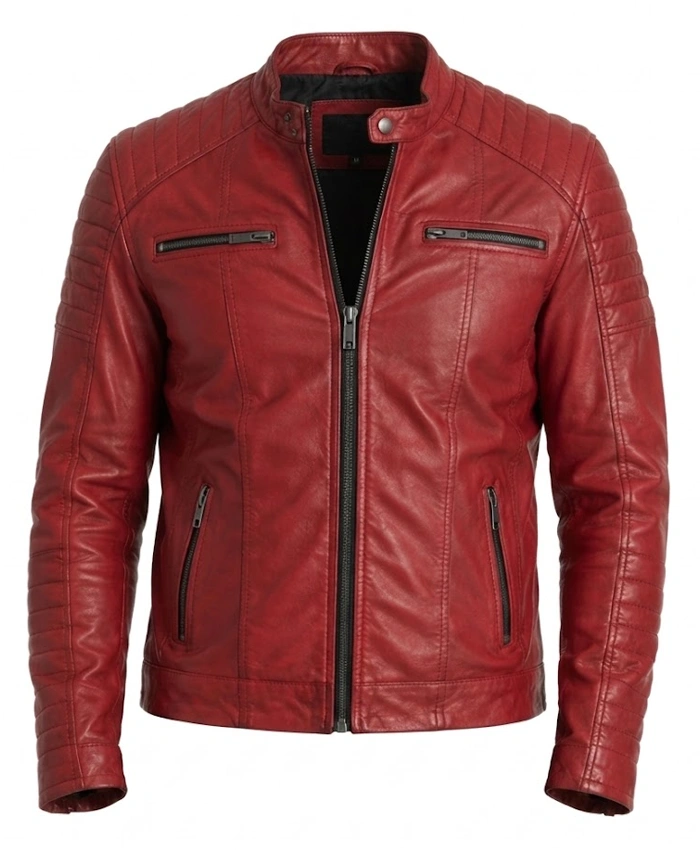 Mens Red Quilted Biker Leather Jacket