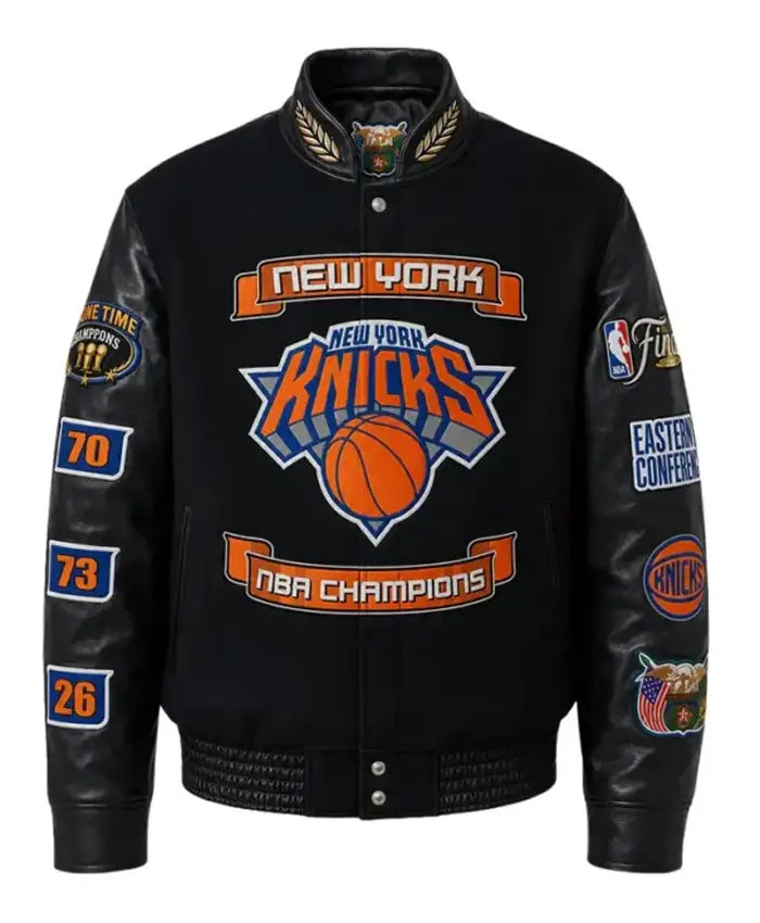 NY Knicks 2026 Champions Black Varsity Jacket Front