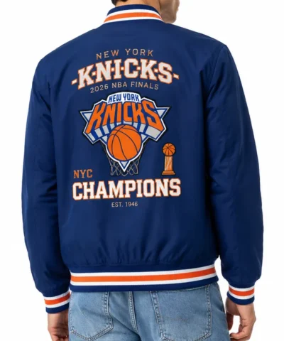 NY Knicks JH Design 2026 NBA Finals Champions Blue Bomber Jacket Back