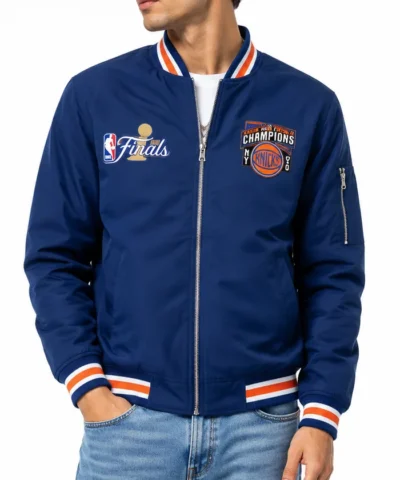 NY Knicks JH Design 2026 NBA Finals Champions Blue Bomber Jacket Front