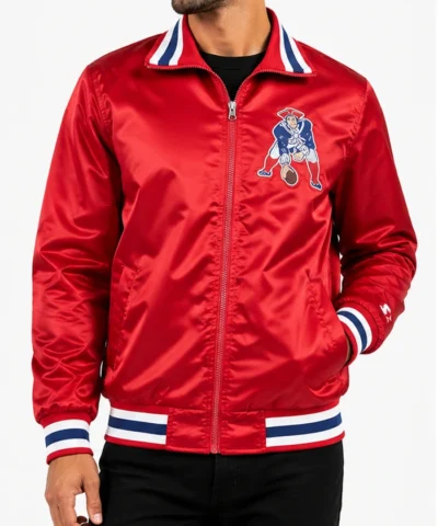 New England Patriots Captain Red Varsity Satin Jacket Front
