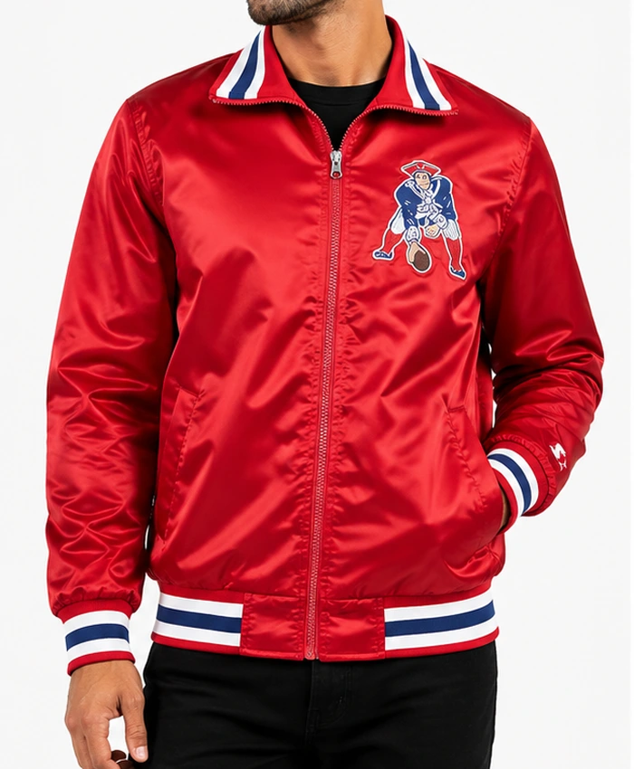 New England Patriots Captain Red Varsity Satin Jacket Front