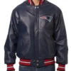 New England Patriots Snap Tab Varsity Navy Leather Black Jacket Front