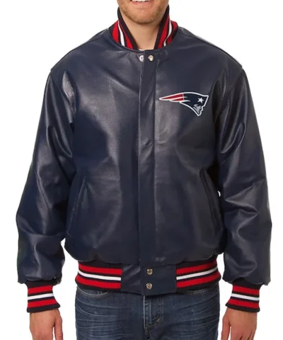 New England Patriots Snap Tab Varsity Navy Leather Black Jacket Front