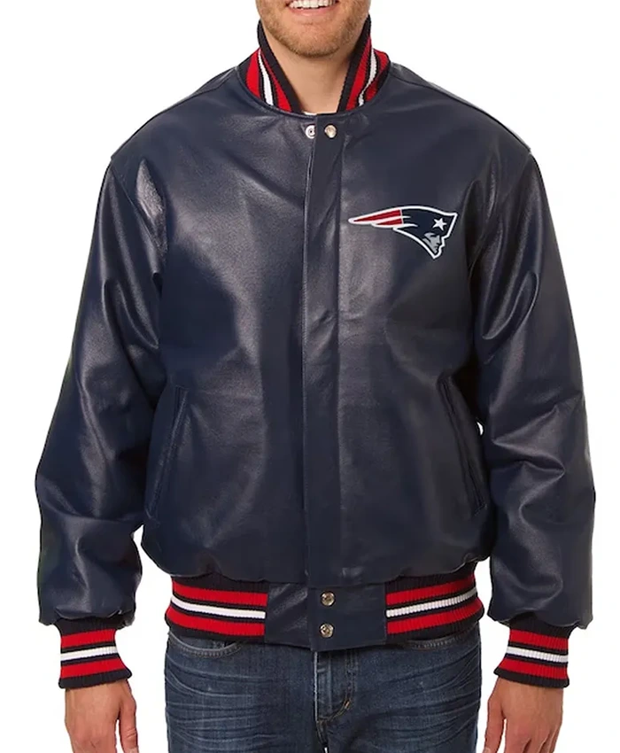 New England Patriots Snap Tab Varsity Navy Leather Black Jacket Front