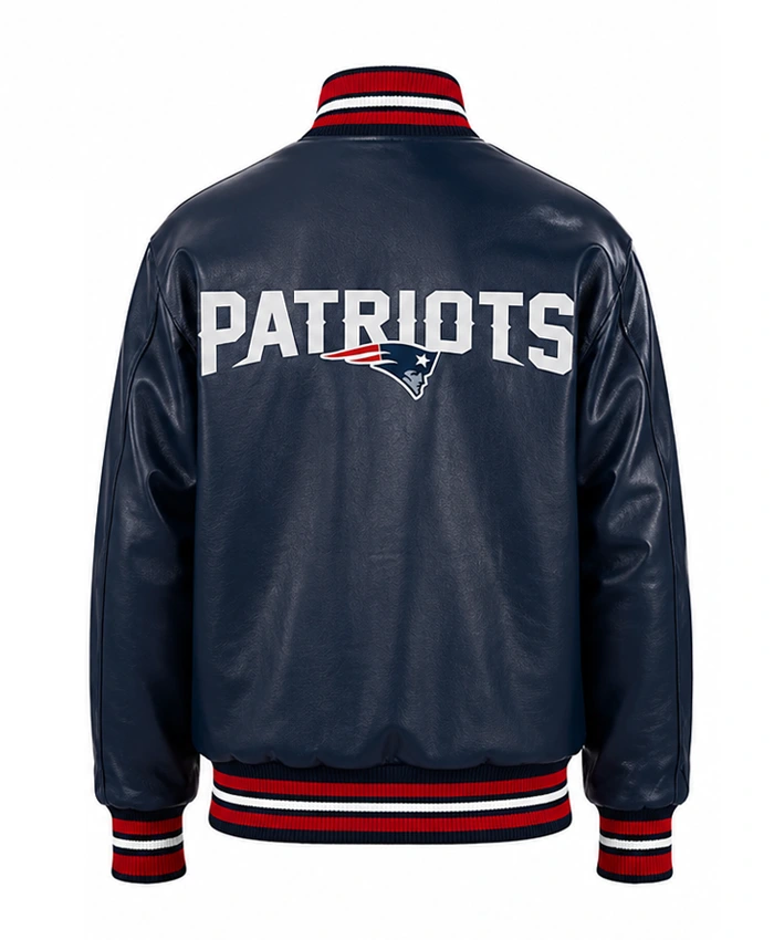 New England Patriots Snap Tab Varsity Navy Leather Black Jacket