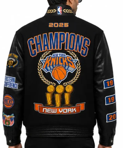 New York Knicks 2026 Champions Black Wool and Leather Varsity Jacket Back
