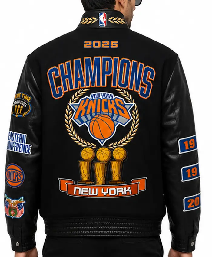 New York Knicks 2026 Champions Black Wool and Leather Varsity Jacket Back