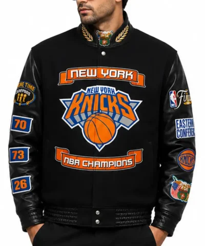 New York Knicks 2026 Champions Black Wool and Leather Varsity Jacket Front