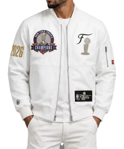 New York Knicks 2026 Champions Leather White Jacket Front
